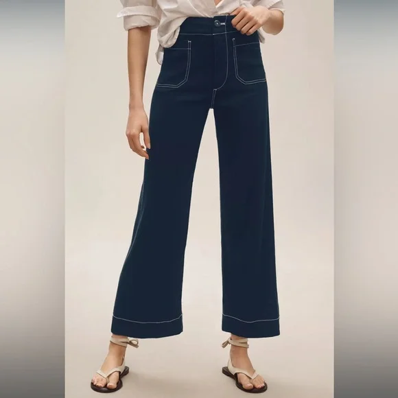 Anthropologie Maeve The Colette Contrast Stitch Linen Crop Wide Leg Pants - Picture 2 of 8